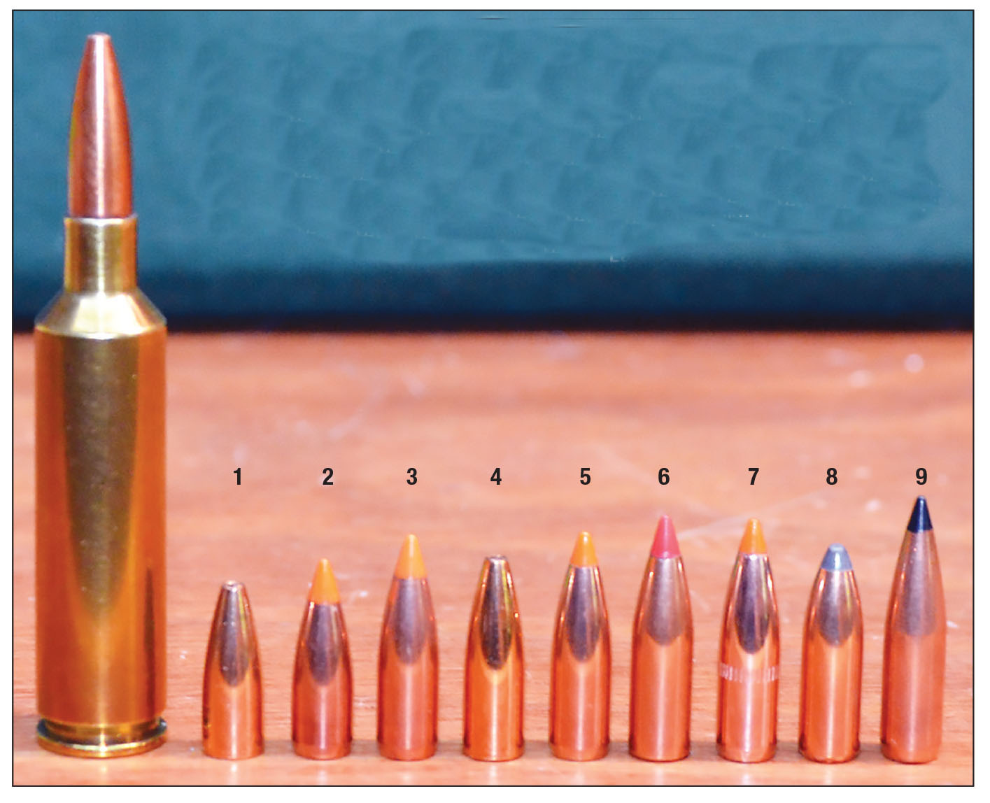 Layne’s 22-250 Ackley Improved barrel has a 1:10 rifling twist and it delivers excellent accuracy with bullets ranging in weight from 40 to 62 grains. Bullets shown include: (1) 40 Berger FB Varmint, (2) 40 Nosler Ballistic Tip, (3) 50 Nosler Ballistic Tip, (4) 52 Berger FB Varmint, (5) 55 Nosler Ballistic Tip, (6) 60 Hornady V-MAX, (7) 60 Nosler Ballistic Tip, (8) 60 Nosler Partition and (9) 62 Swift Scirocco II.